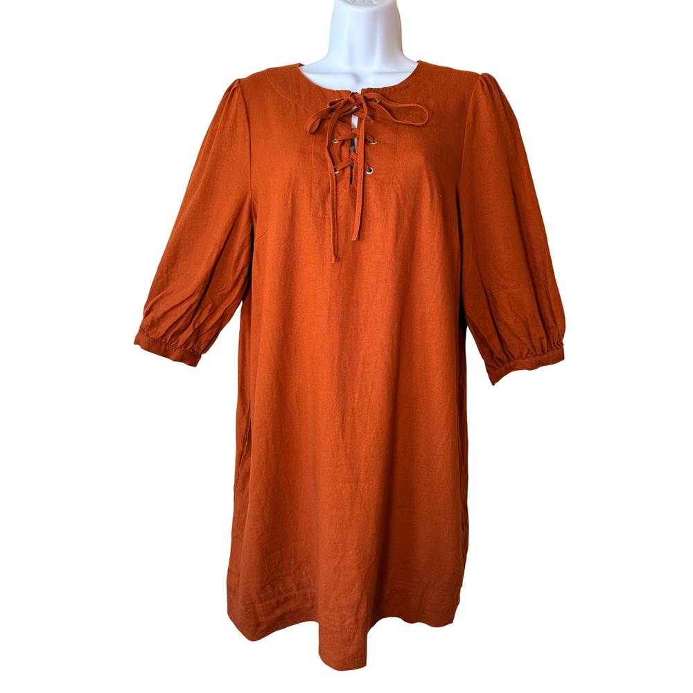 Who What Wear Rust Linen Blend Dress Lace Up Neck 3/4 Sleeve Womens M Fall‎ Boho